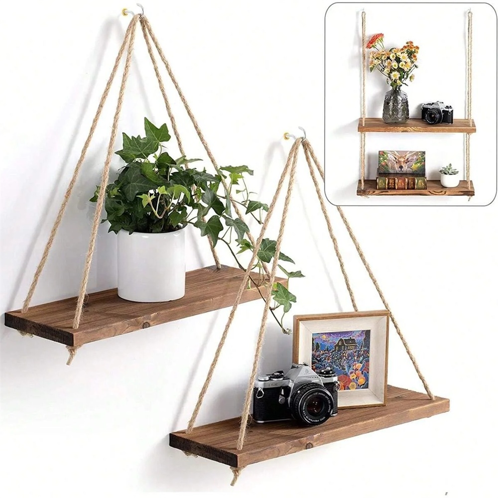Flower Wall Panel - Prateleira Suspensa de Madeira com Corda